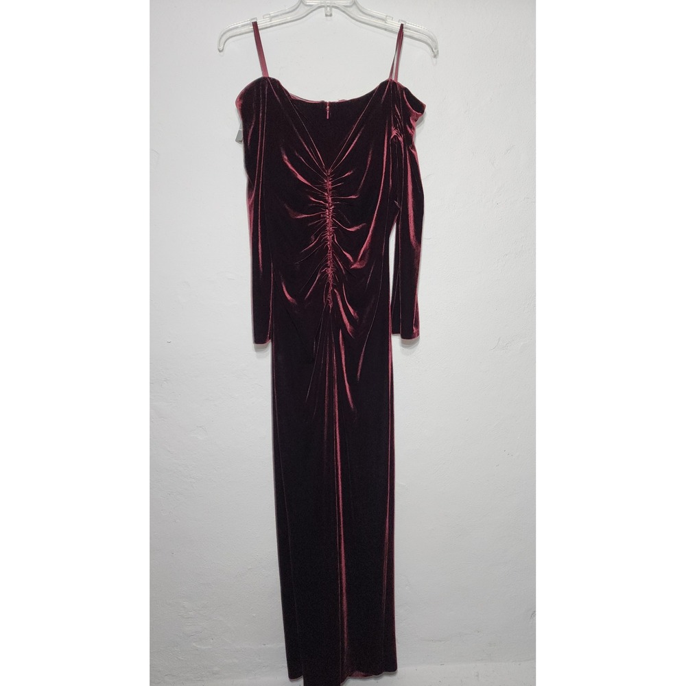X by Xscape Velvet Gown 16 Burgundy Off Shoulder Ruched Evening Dress XC204 NEW - Picture 3 of 12